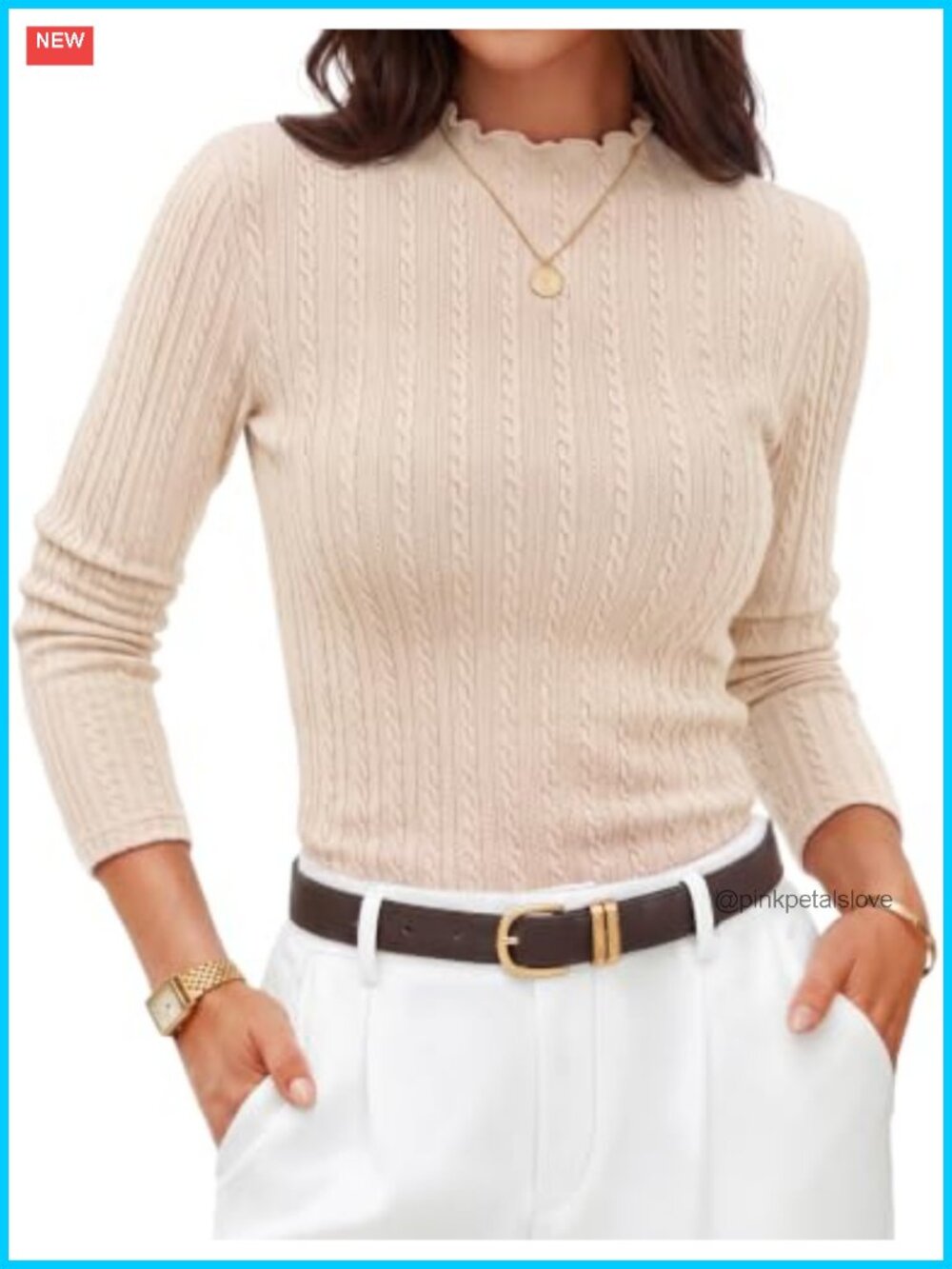 Mock Neck Cable Knit Long Sleeve Slim Fit Business Casual Top
